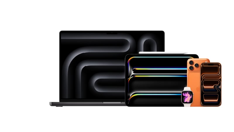 Apple products (MacBook, Tablet, iPhone) on white background