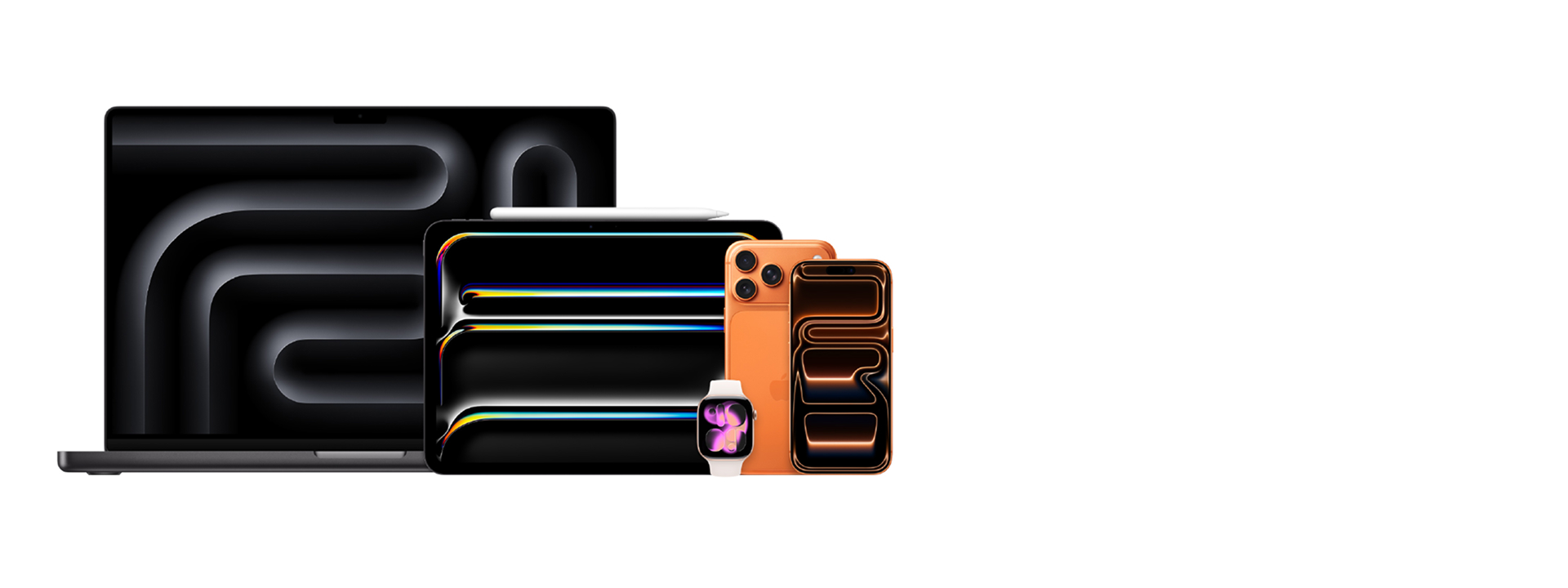 Apple products (MacBook, Tablet, iPhone) on white background