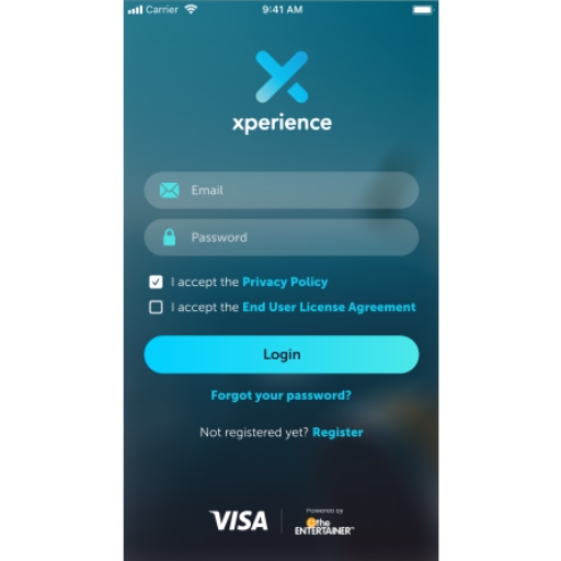 A screenshot of the Entertainer Xperience app - login and sign in screen