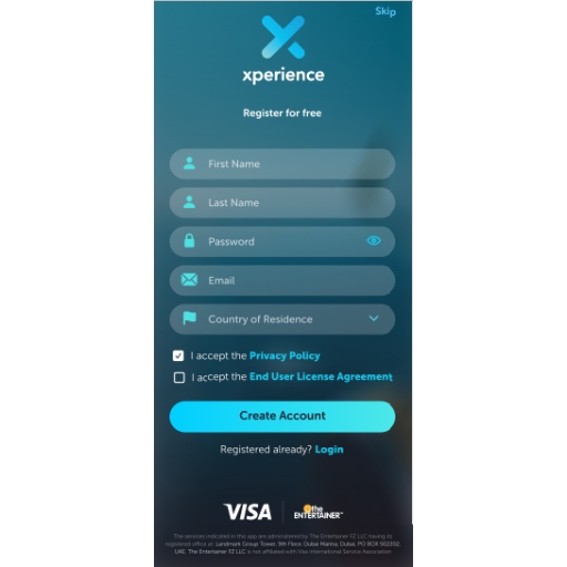A screenshot of the Entertainer Xperience app - registration fiields